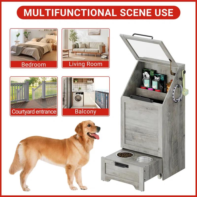 gaomon Dog Feeding Station with Storage Cabinet, 2 Elevated Dog Bowls, Filp Top Dog Food Storage Cabinet Container