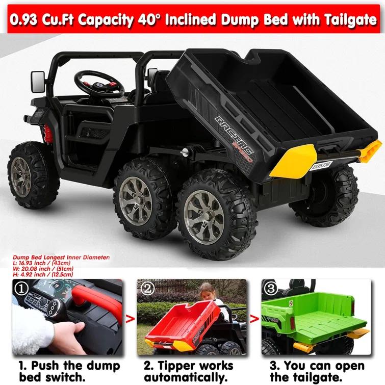 JOYRACER 24V 2 Seater Ride On Dump Truck with Remote Control , Electric UTV Car with Electric Dump Bed, 4WD Power Ride Cars W/6 Wheels Ride On Toys with Shovel Music Player