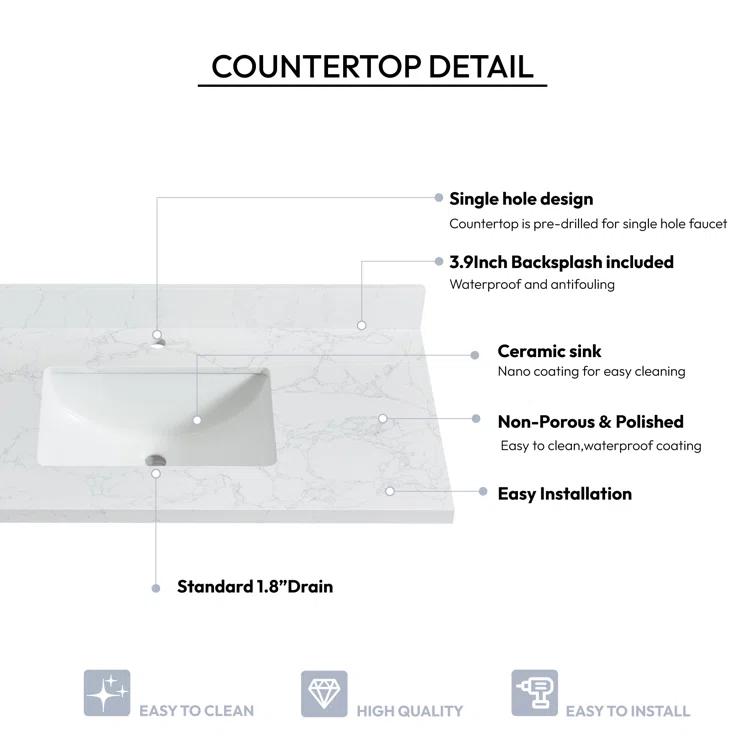 Vinnova Malaga 43'' Stone Single Bathroom Vanity Top with Sink