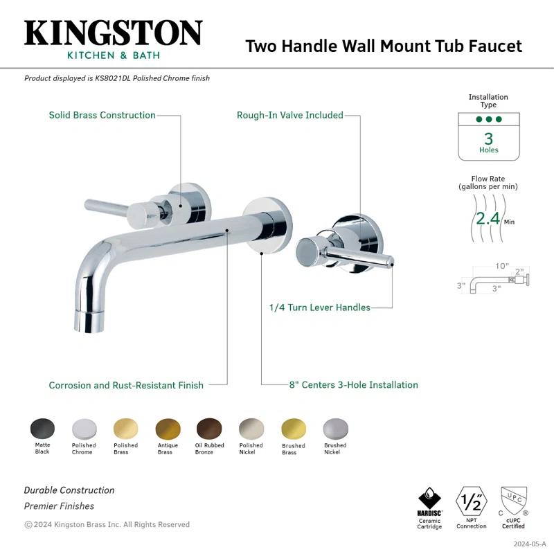 Kingston Brass KS8028DL Kingston Brass Concord Two-Handle 3-Hole Wall Mount Roman Tub Faucet