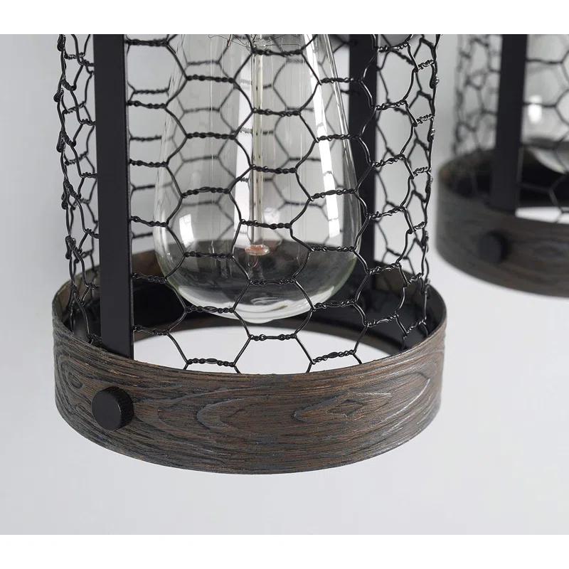 Co-t Kenroy Home Industrial Farmhouse 3-Light Bath Vanity Fixture With Chicken Wire Mesh Shades & Distressed Wood Accents