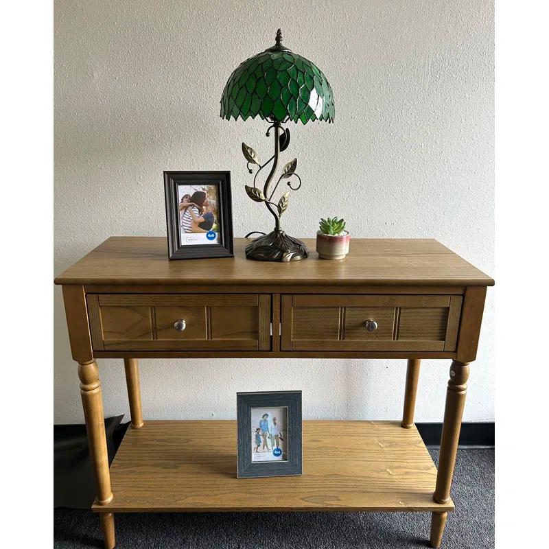 Bloomsbury Market Dejean Tiffany Table Lamp Green Leaves Stained Glass Included LED Bulb 20"H*10"W*10"D