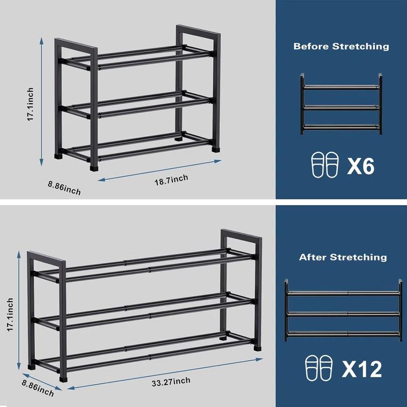 3-Tier Expandable Shoe Rack for Closet, 18''-33''Adjustable Shoe Rack for Small Space,Shoe Organizer