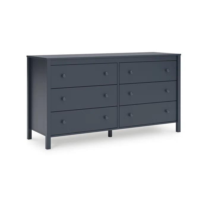 Benjara Cian Wide Dresser, 6 Drawers, Knob Handles, Navy Blue Wood, 61 Inch