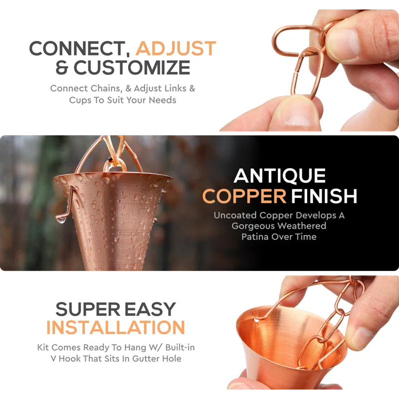 Marrgon Marrgon Copper Rain Chain with Bell Style Cups for Gutter Downspout Replacement