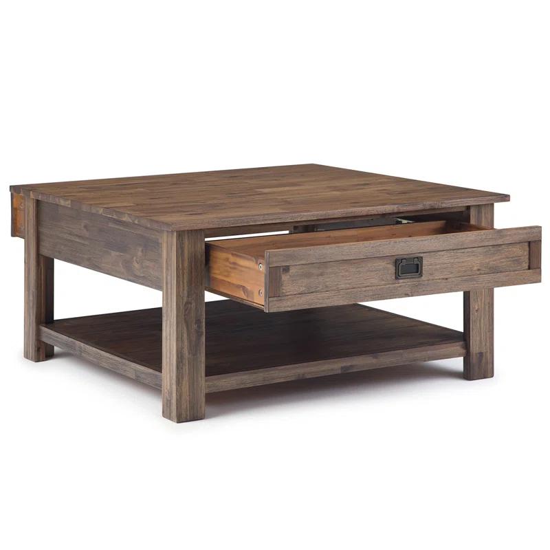 Simpli Home Monroe 38"W Solid Acacia Rustic Square Coffee Table with Large Drawer and Open Shelf