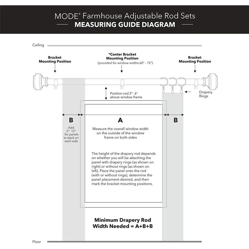 MODE Mode Farmhouse Collection 1 1/8 in Diameter Curtain Rod Set with Cottage Square Finials and Steel Wall Mounted Adjustable Rod