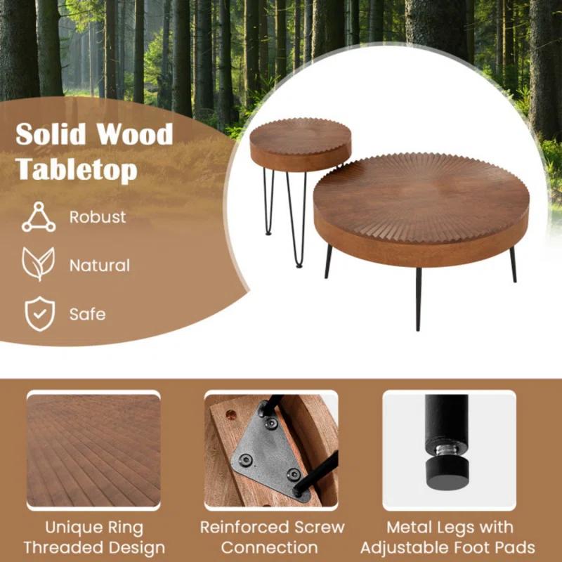 Millwood Pines Set of 2 Boho Round Coffee Table with Solid Pine Wood Top and Metal Legs