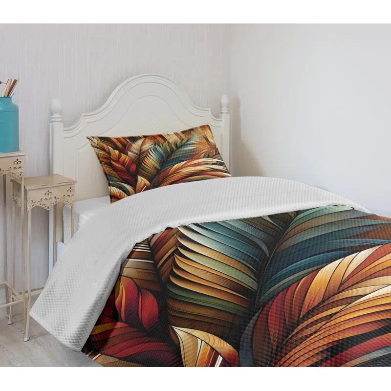 Ambesonne Ambesonne Aesthetic Bedspread Set Boho Rustic Bold Leaves Burnt Orange Teal and Blue