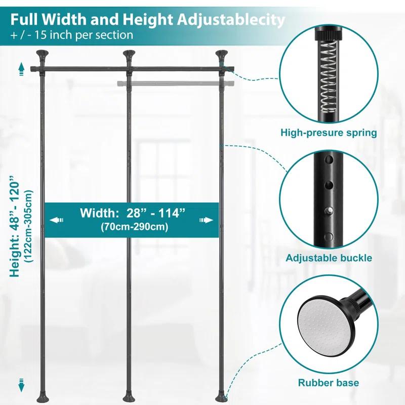 Rebrilliant Room Divider, No Drilling Curtain Rods Hanging Wall Divider For Room Separation, 120” Tall 114” Wide Adjustable Floor To Ceiling Partition Room Dividers, Heavy Duty Corner Room Divider Curtain Rods