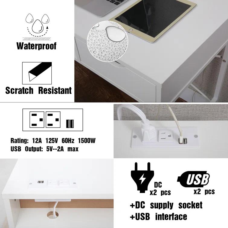 Ebern Designs Glenhill Writing Desk with Drawer - Built-In Power Outlets for Home Office