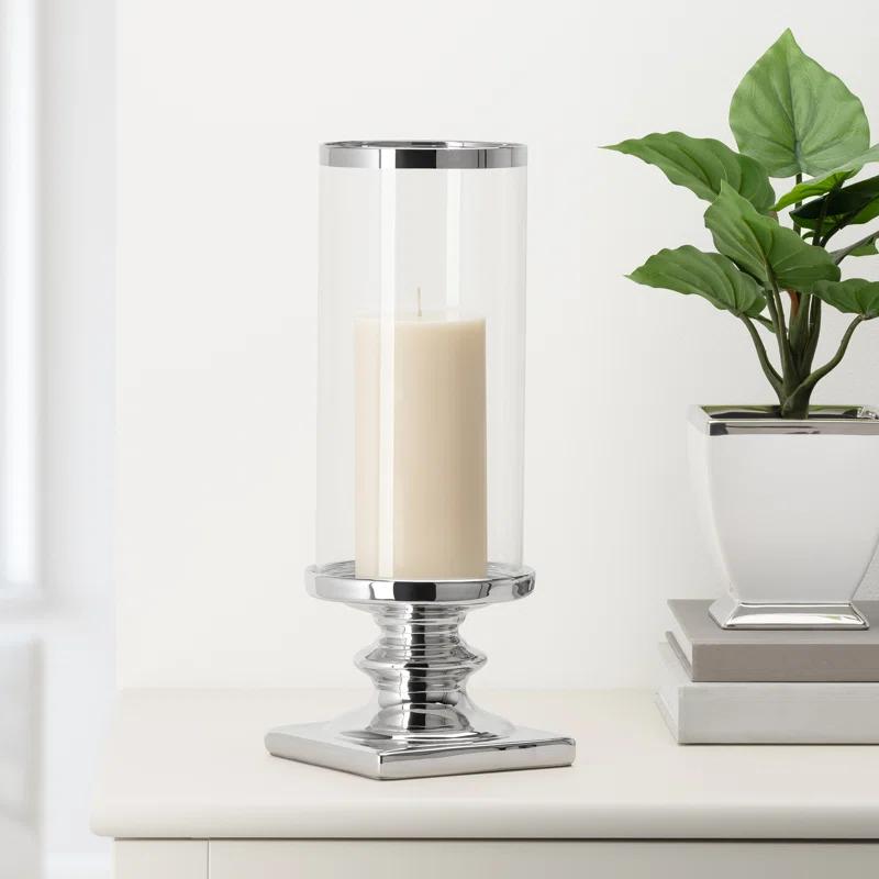 Charlton Home® 14''H Ceramic Pillar Candle Holder with Hurricane Candle Holder Glass