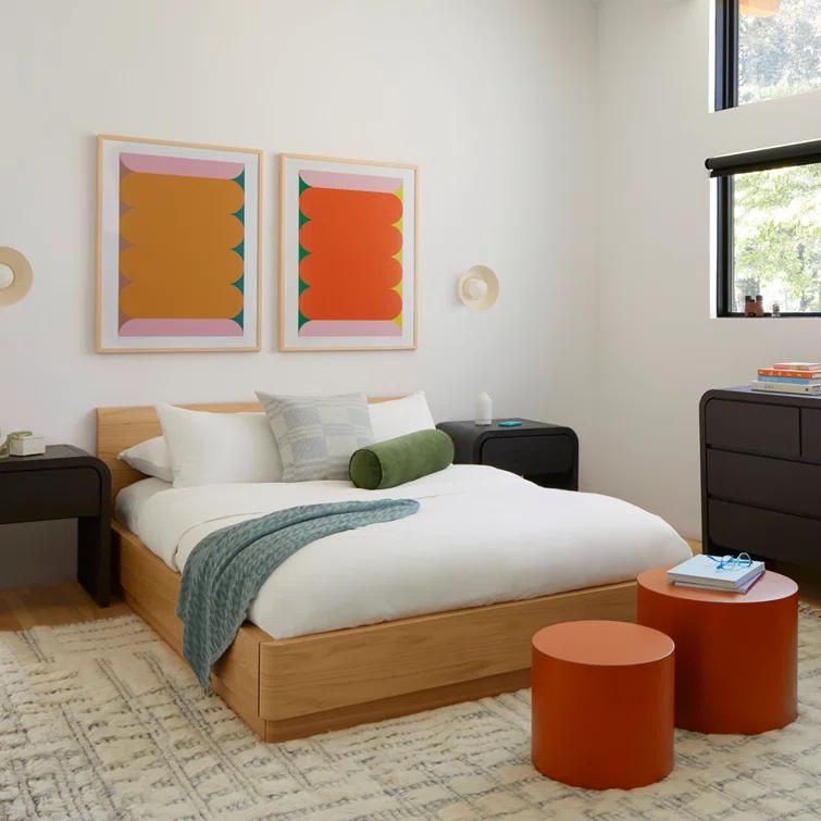 Round Off Transitional Oak Queen Panel Bed with Solid Headboard