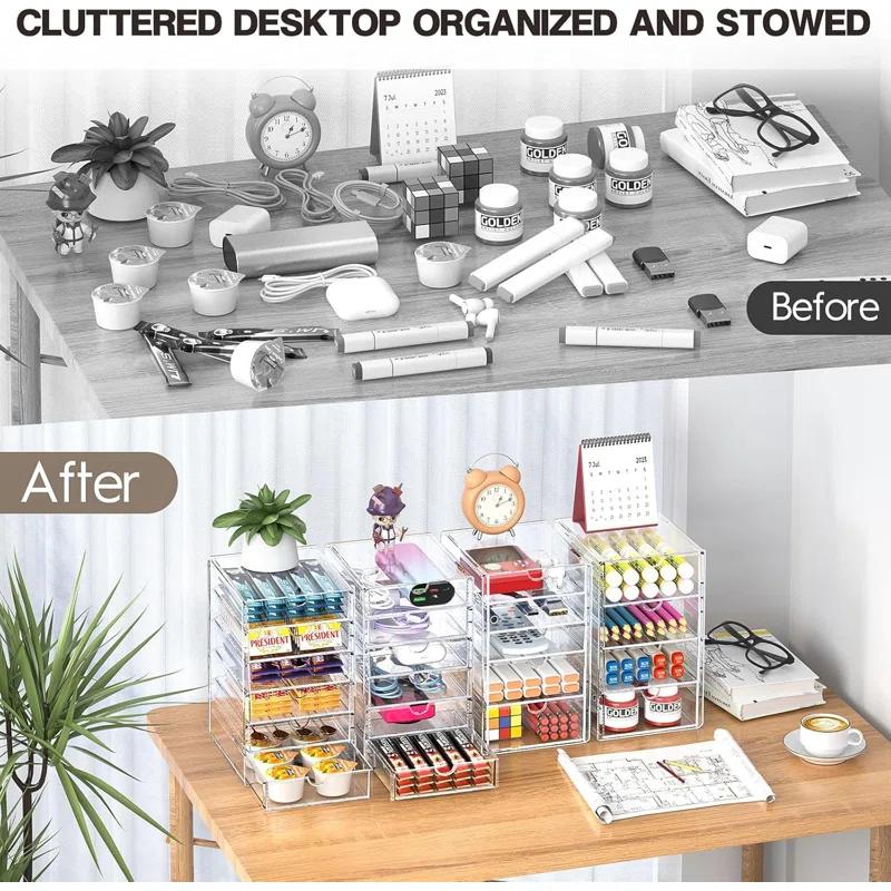 Rebrilliant Acrylic Drawer Organizers - 21 Drawers 4 Set - Clear Storage Drawers For Office Supplies - Stackable Makeup Organizer - Dustproof Desk Organizers For Makeup, Jewelry, Pen, Stationary