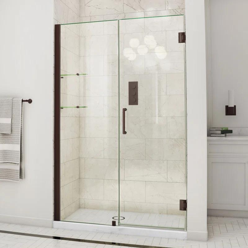 Unidoor Frameless Hinged Shower Door with Glass Shelves
