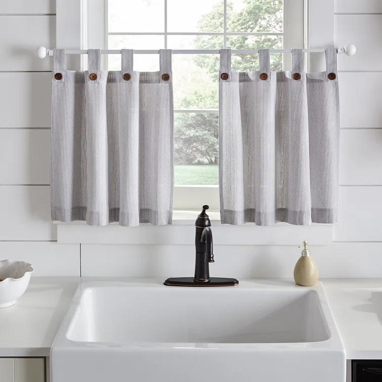 Gracie Oaks Liviana Striped Cotton Tailored 30'' W Kitchen Curtain (Set of 2)