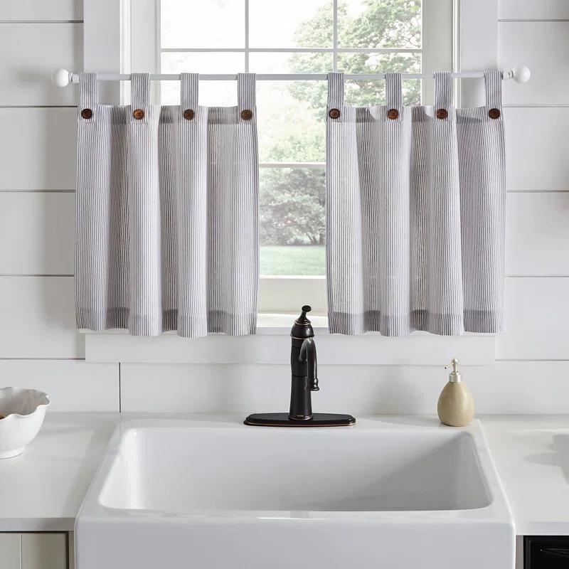 Gracie Oaks Liviana Striped Cotton Tailored 30'' W Kitchen Curtain (Set of 2)