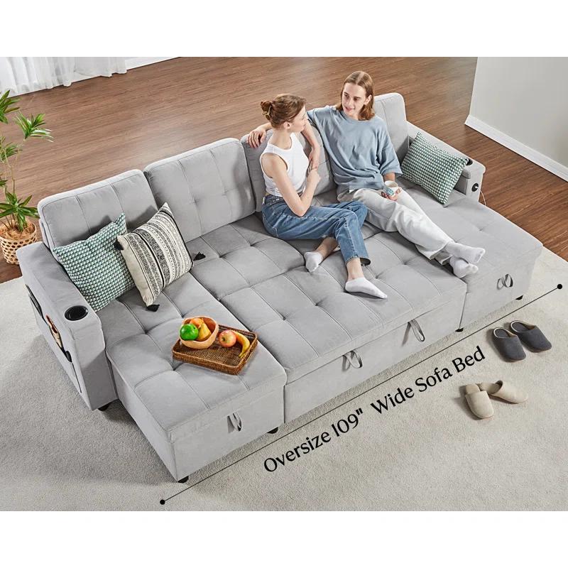 Light Grey Tufted Sleeper Sofa with Storage and Cup Holder