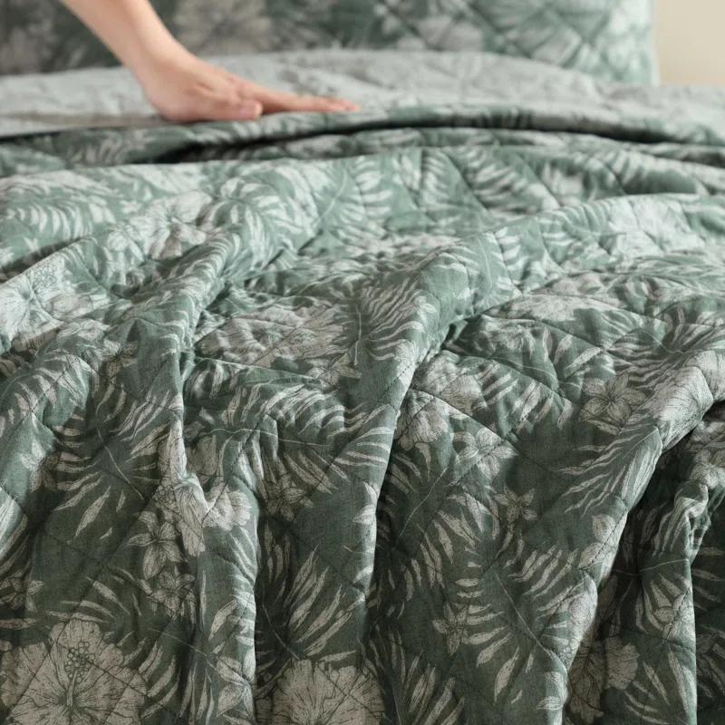 Eddie Bauer Tommy Bahama Hibiscus Jungle Cotton Reversible Green Quilt Set