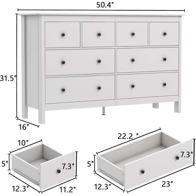 50" Modern White Dressers& Chests of Drawers, 8 Drawer Wide Dresser for Bedroom, Living Room