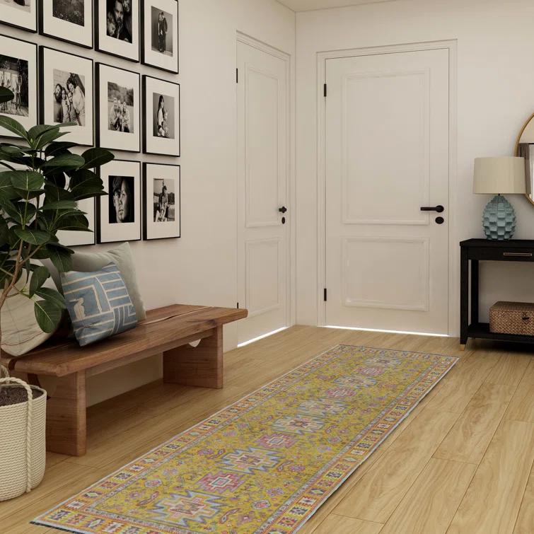 Linon Logan Sivas Polyester 2' X 10' Runner Rug in Yellow and Ivory