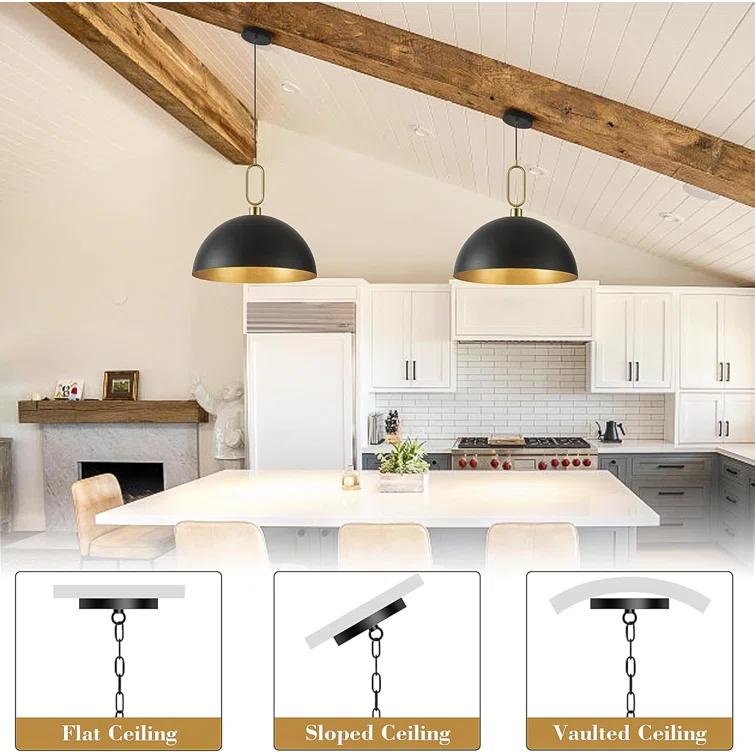 Everly Quinn 17.7" Farmhouse Vintage Black And Gold Pendant Light - Dome Chandelier For Kitchen Island, Dining Room, Hallway