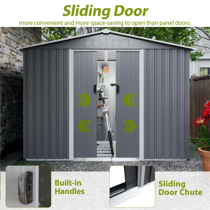 8X6 FT Outdoor Tool Storage Shed With Metal Foundation & Lockable Doors,  All Weather Metal Sheds