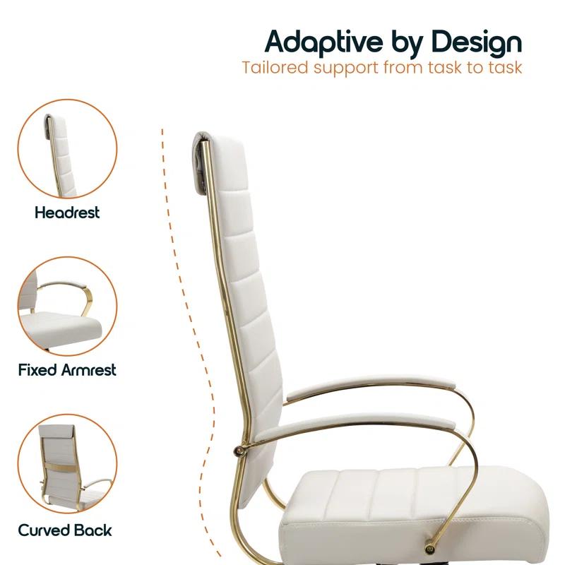 Everly Quinn Humairaa Leather Office Chair – Executive Task Chair with Swivel, Adjustable Height & Gold Base for Home Office or Conference Room