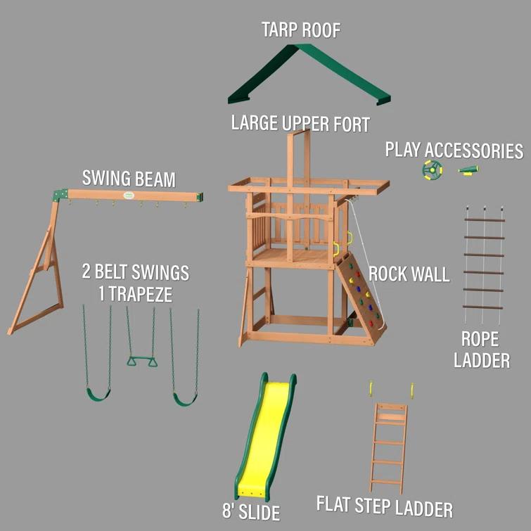 Backyard Discovery Backyard Discovery Mount Mckinley Cedar Wood Swing Set with Wave Slide, Play Deck, Double Rock Wall, and Rope Ladder