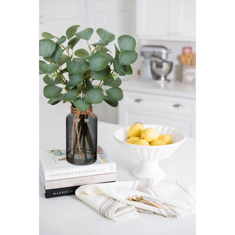 Ophelia & Co. Artificial Eucalyptus Stems In Black Glass Vase With Faux Water, 14" Fake Plant Eucalyptus Leaves For Home Office Farmhouse Wedding Centerpiece Décor