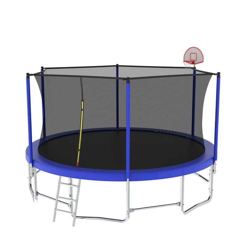 16FT Trampoline With Balance Bar  And  Basketball Hoop And Ball, ASTM Approved Reinforced Type Outdoor Trampoline With Enclosure Net