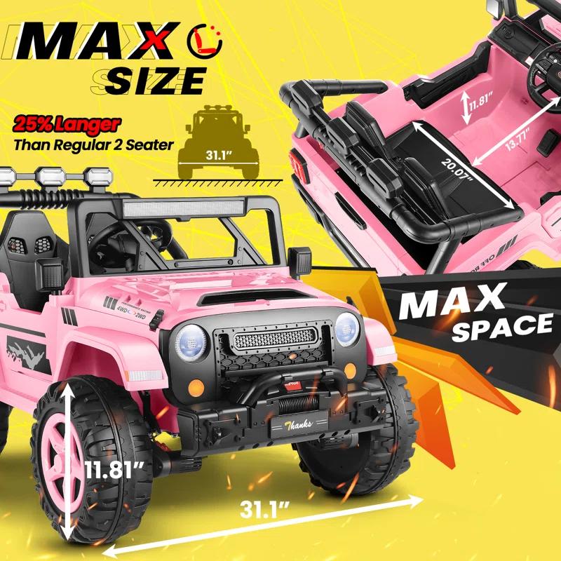 Ancheer 24V 4WD//2WD Ride On Jeep Truck,2 Seater Kids UTV With 4X200w Powerful Engine,Remote Control,Bluetooth,20 Wide Seat,Vehicles for Kids Toddlers