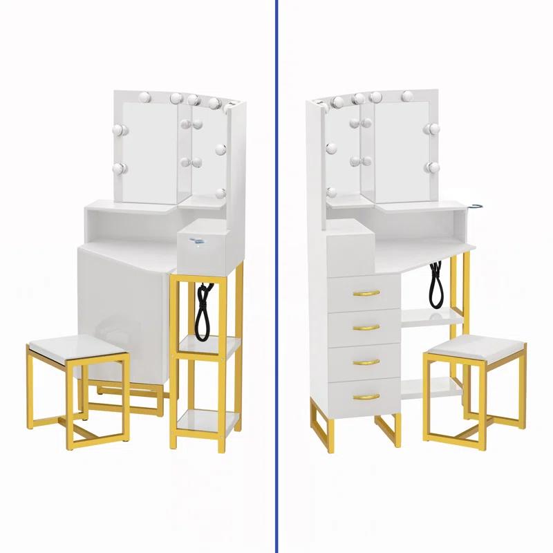 Mercer41 Halide Vanity Desk Makeup Table set Stool with Tri-Fold Mirror, Storage Drawer, and Shelves