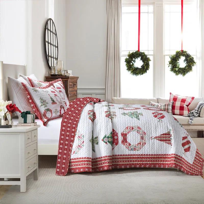 MarCielo 3 Pcs Christmas Quilt Bedspread Set Candy Red BY205