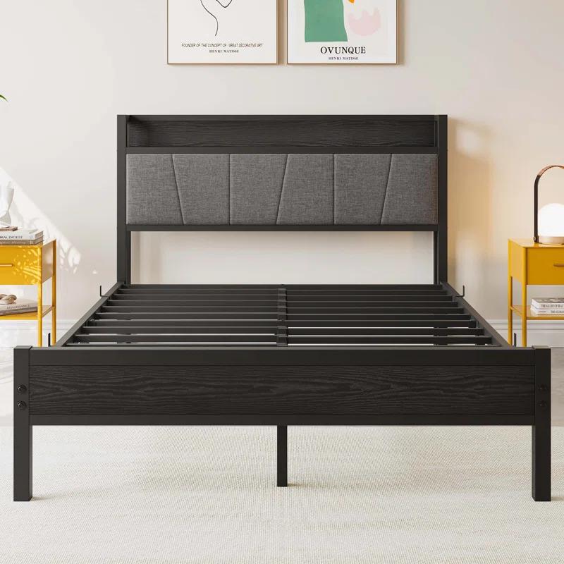 Bed Frame, Storage Headboard with Charging Station