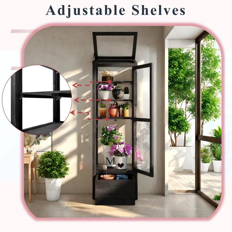 mosaicmotifco Wood Garden Greenhouse Balcony Portable Mini Cold Frame With Movable Storage Box, Adjustable Shelves And 1 Drawer