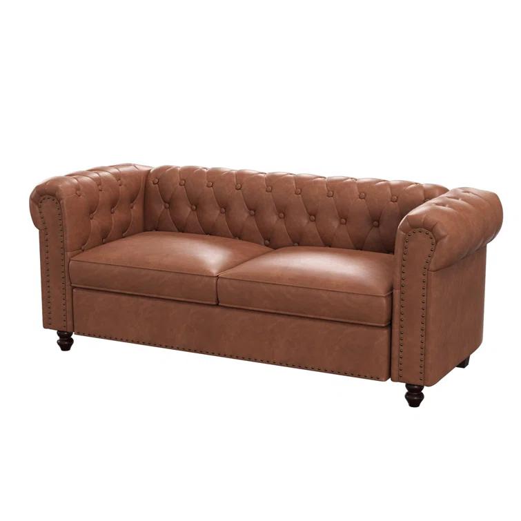 Alcott Hill® 72 Inch Couch Chesterfield Leather Sofa With Wooden Legs
