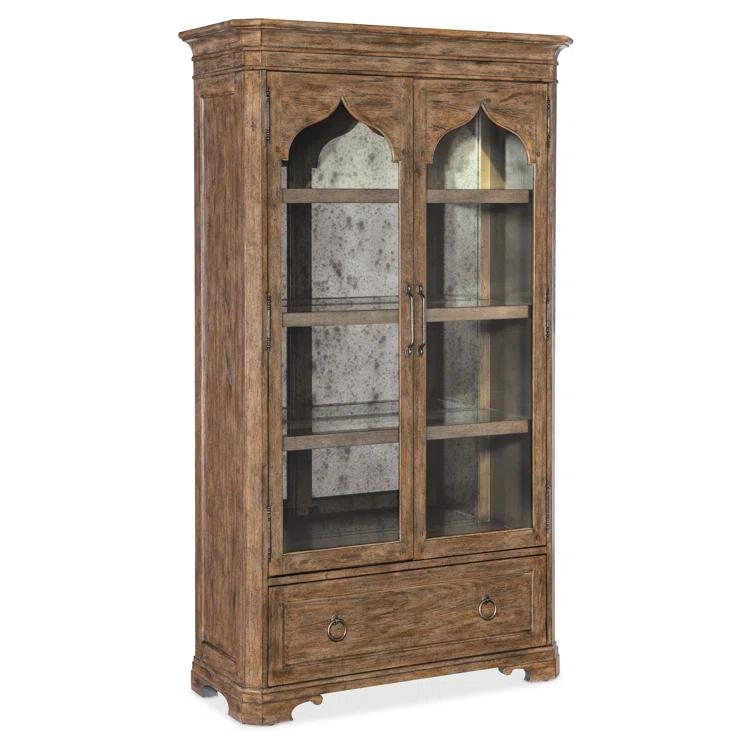Rustic Lighted Oak Veneer China Cabinet with Glass Doors