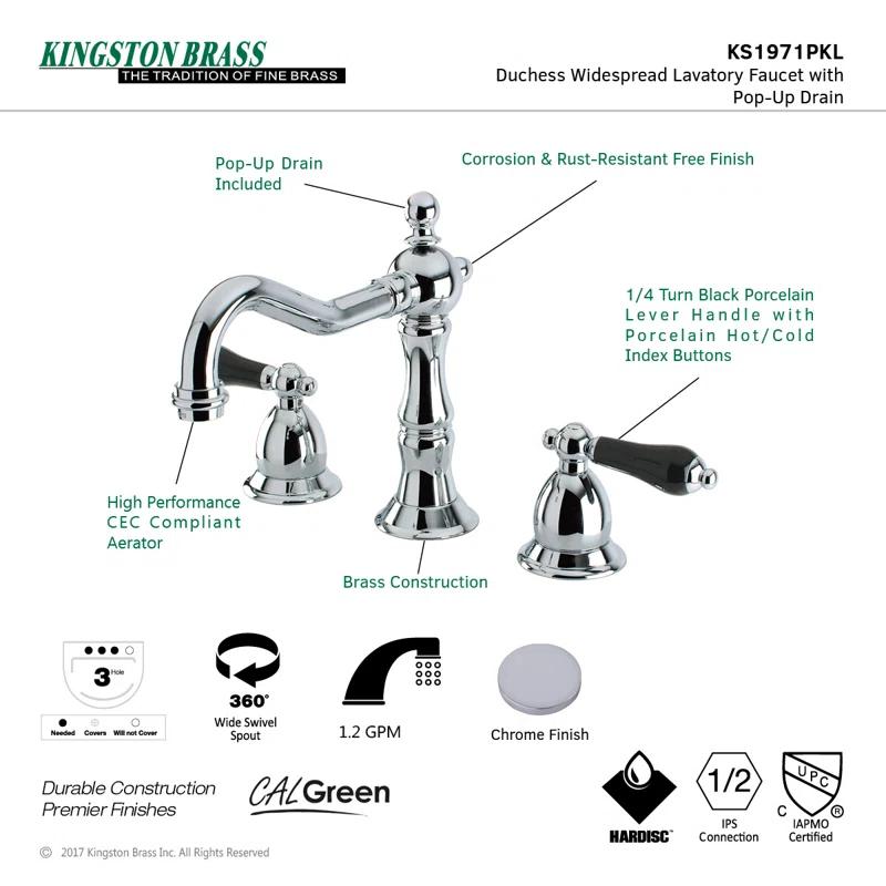 Kingston Brass Duchess Two-Handle 3-Hole Deck Mount Widespread Bathroom Faucet with Brass Pop-Up Drain