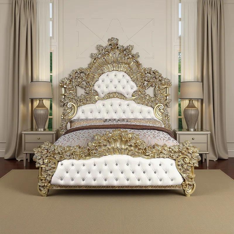 Benjara Rexx King Bed, White Faux Leather Victorian Carved, Classic Gold Wood