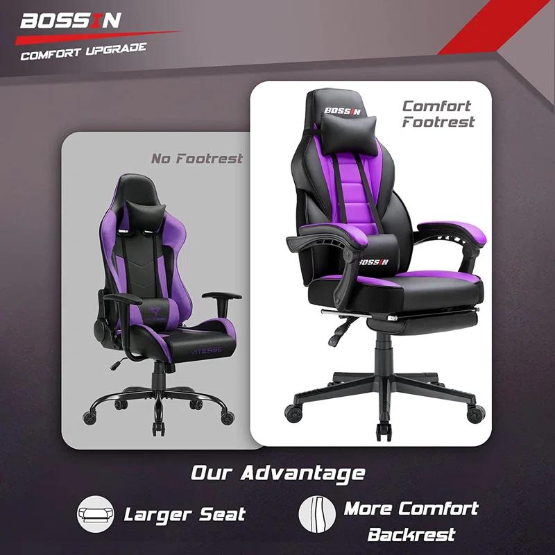 BOSSIN BOSSIN Adjustable Reclining Ergonomic Faux Leather Swiveling PC & Racing Game Chair with Footrest in Purple