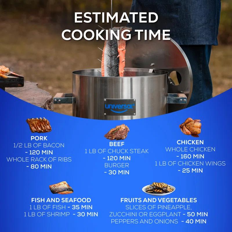 Universal Universal 20-Pound Stainless Steel (25-Servings) Charcoal Barrel Smoker With Thermometer & Airlock System - 20.5 X 29.6 X 15.5 Inch, 2 In 1 Vertical Grill And Smoker, Slow Cooking Barrel