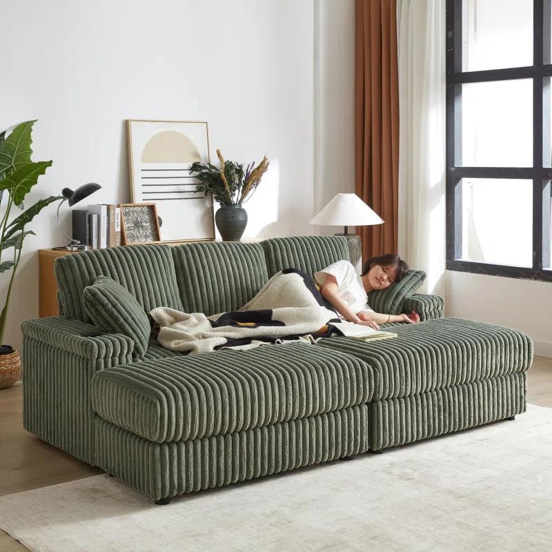 Latitude Run® 84 Corduroy 3-Seater Sofa With 3 Back Pillows ,2 Toss Pillows , A Ottoman ,2Storage Spaces And Cup-Holding Grooves Comfy Sofa- Deep Seat Couch