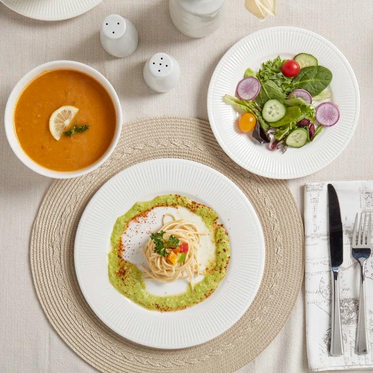 Tabletops Gallery Ivory Dinnerware 12 Piece Set Embossed Bone White Porcelain (Dinner Plate, Salad Plate, Cereal Bowl)