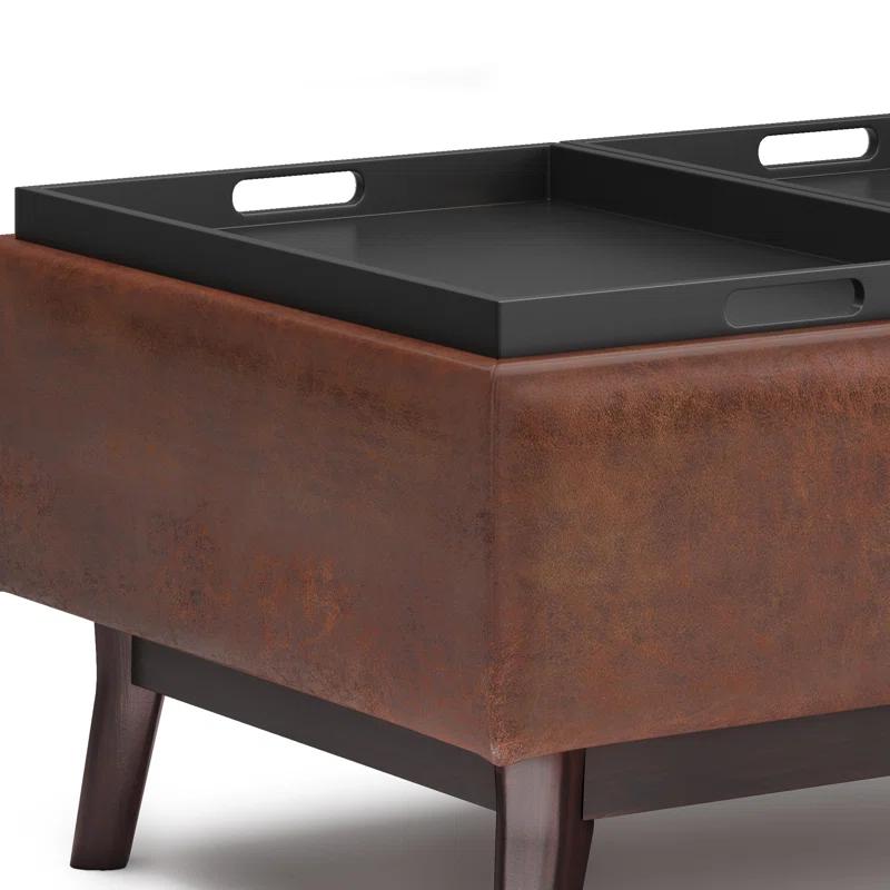 Simpli Home Owen 34"W Small Upholstered Coffee Table Storage Ottoman with Flip-Over Tray Top and Solid Wood Legs