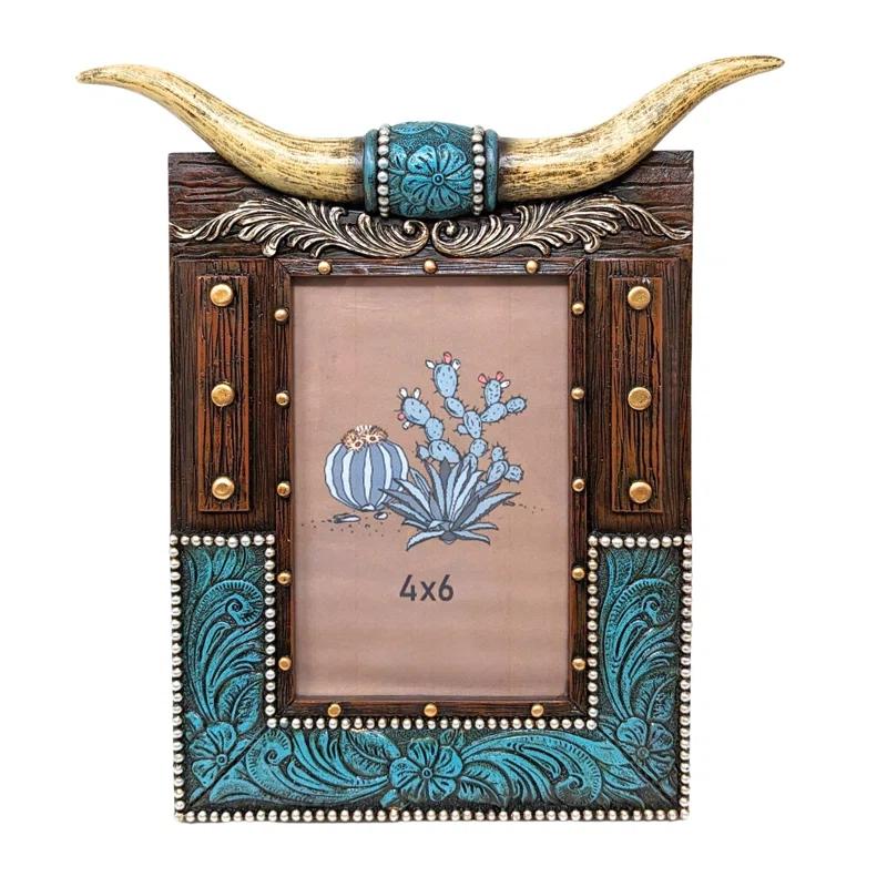 Union Rustic Rustic Southwestern Picture Frame with Tooled Leather and Faux Horns Accents