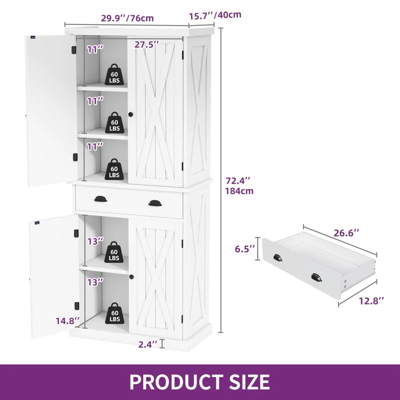 Gracie Oaks Sneyd 72" H Wood Farmhouse Kitchen Pantry Cabinet with Adjustable Shelves & Drawer