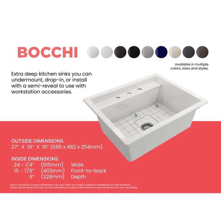 BOCCHI Baveno 27'' L Dual Mount Single Bowl Fireclay Kitchen Sink 1633-001-0127