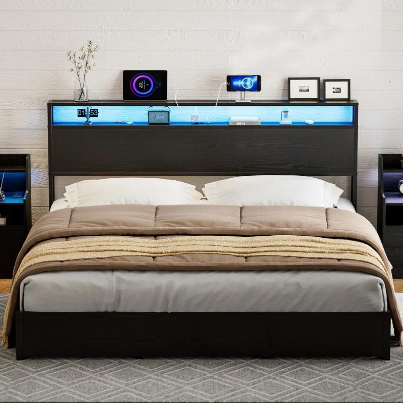 Kaiwei Storage Headboard With Led Lights & Charging Station - Industrial Metal And Wood