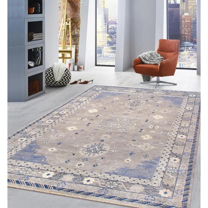 Pasargad Khotan Oriental Hand-Knotted Rectangle 9'1" x 12'11" Wool Area Rug in Silver/Blue/Beige